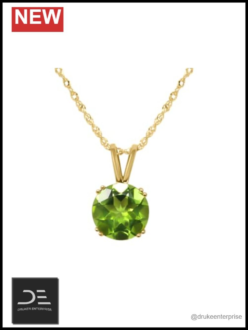14K Solid Yellow Gold Genuine Peridot 8mm Round Pendant Necklace